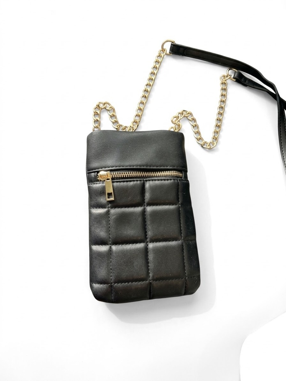 Black Quilted Crossbody Phone Bag with Gold Chain